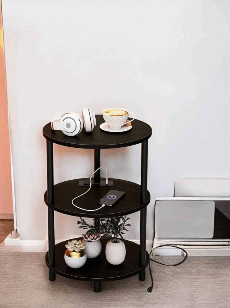 Three Tier Round End Table with Charging Ports Black