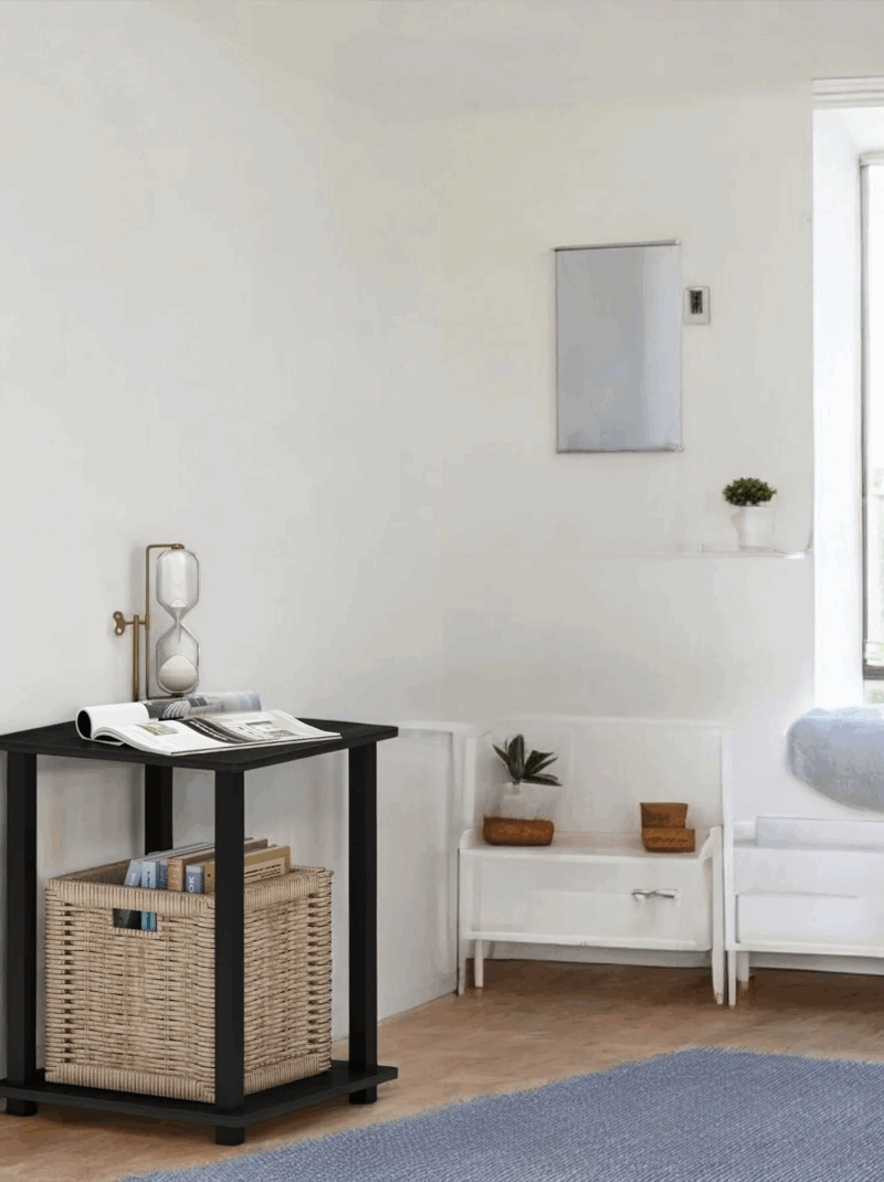 Black Side Table with Woven Basket Storage Modern Style