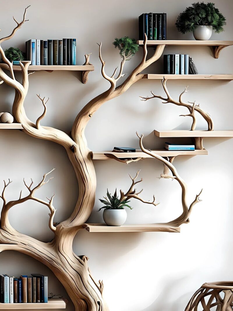 Branch Silhouette Wooden Bookcase Tree Style Display