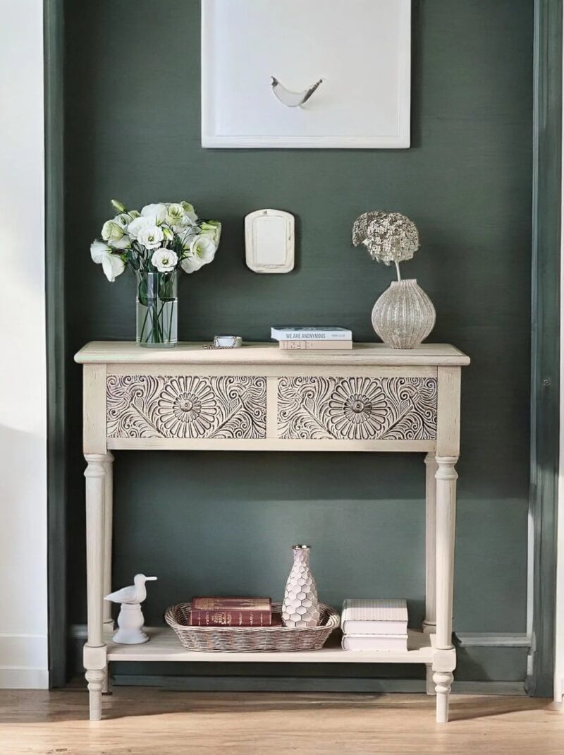 Vintage Carved Console Table Floral Drawers and Shelf
